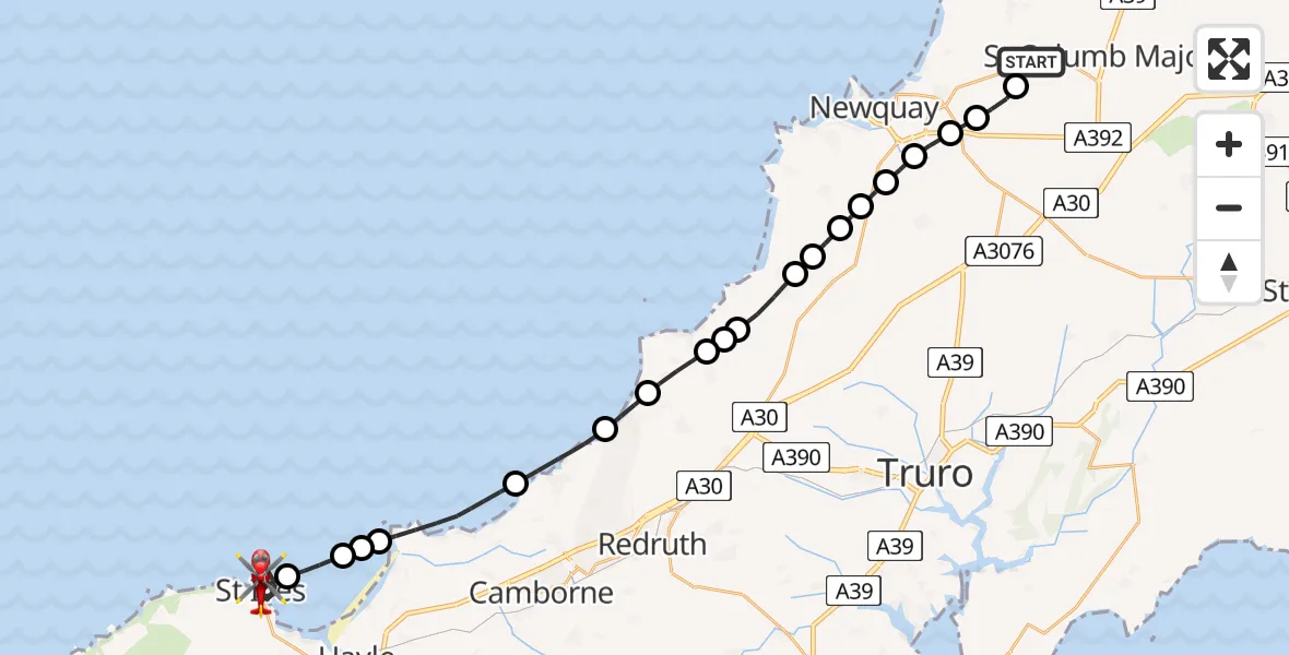 Flight route Air Ambulance Helicopter Cornwall Airport Newquay - St. Ives, 04 August 2026, 09:27