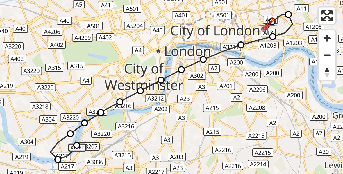 Flight route Air Ambulance Helicopter London Heliport - Royal London Hospital, 04 August 2026, 09:36