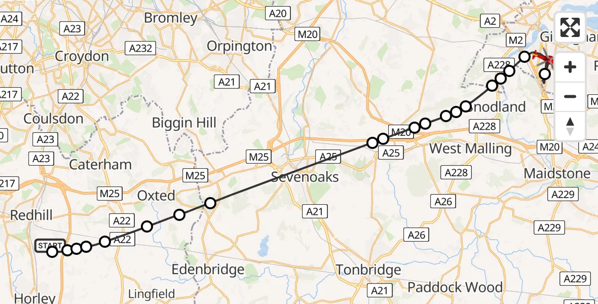 Flight route Air Ambulance Helicopter Redhill Aerodrome - Rochester, 04 August 2026, 09:43