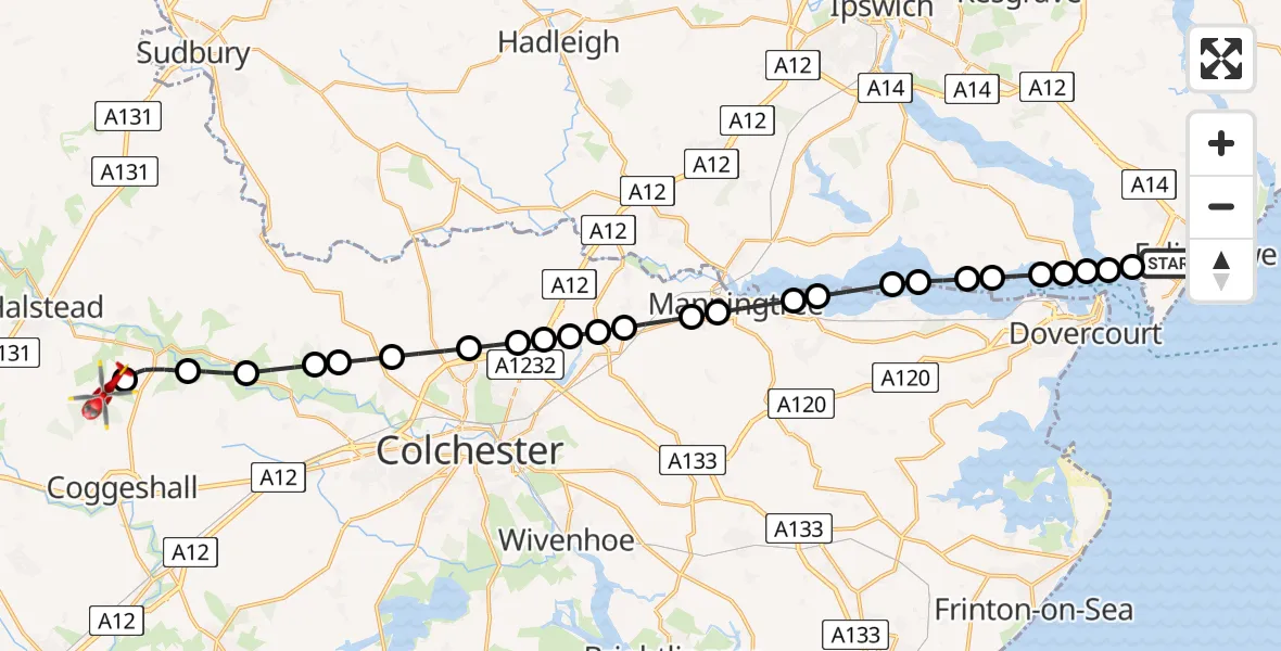 Flight route Air Ambulance Helicopter Felixstowe - Earls Colne Airfield, 04 August 2026, 09:44