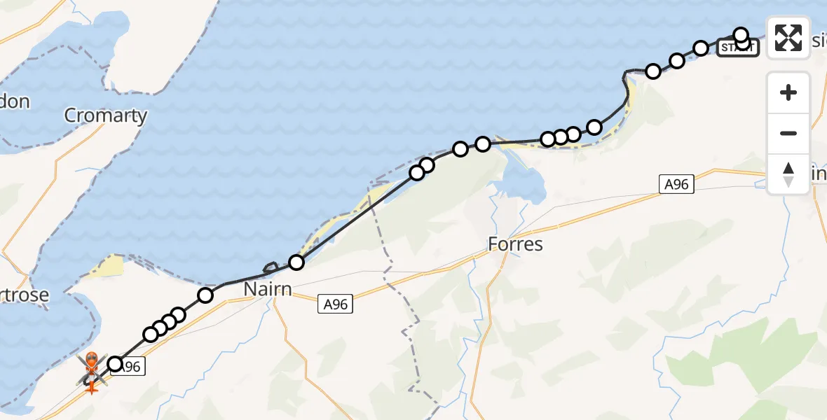 Flight route Coastguard Helicopter Duffus - Inverness Airport, 04 August 2026, 09:49