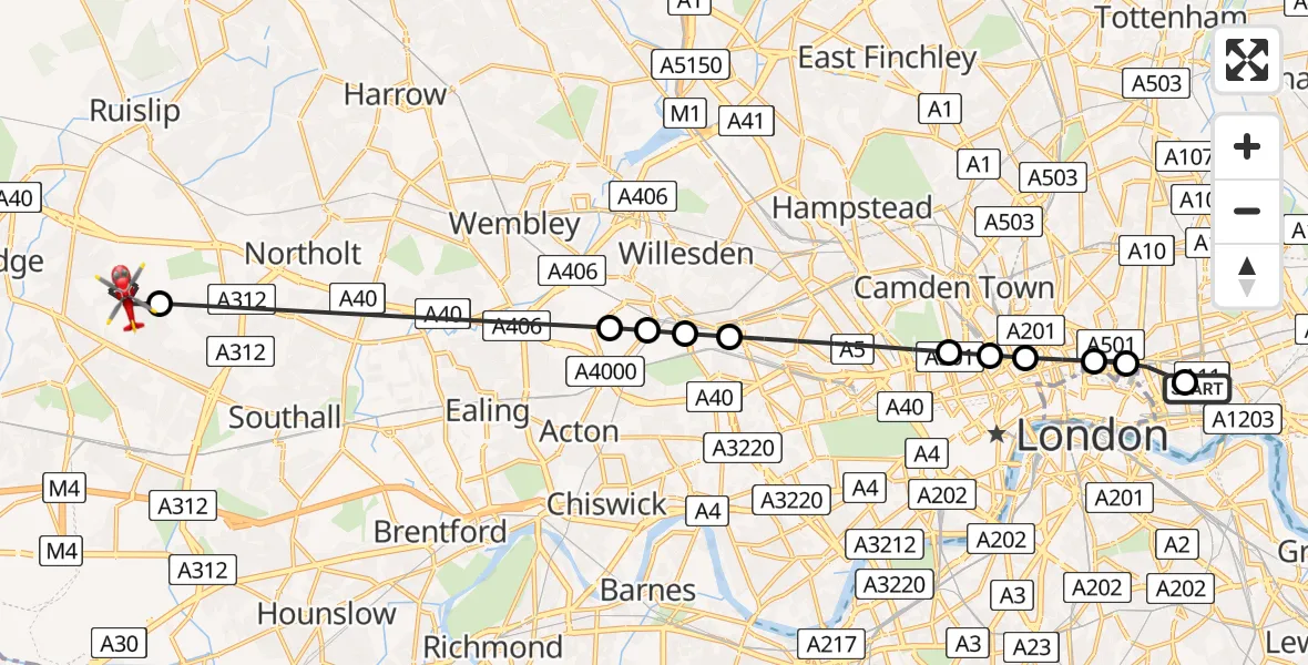 Flight route Air Ambulance Helicopter Royal London Hospital - Hillingdon, 04 August 2026, 09:55