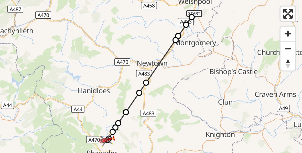Flight route Air Ambulance Helicopter Welshpool Airport - St Harmon, 04 August 2026, 09:56