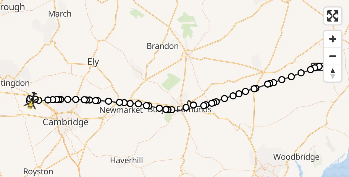 Flight route Police Helicopter Rumburgh - Conington, 04 August 2026, 10:07
