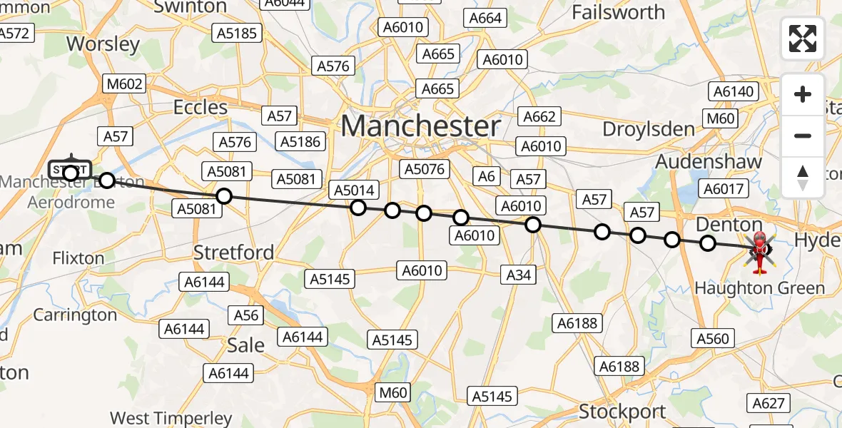 Flight route Air Ambulance Helicopter Manchester Barton Aerodrome - Haughton Green, 04 August 2026, 10:13