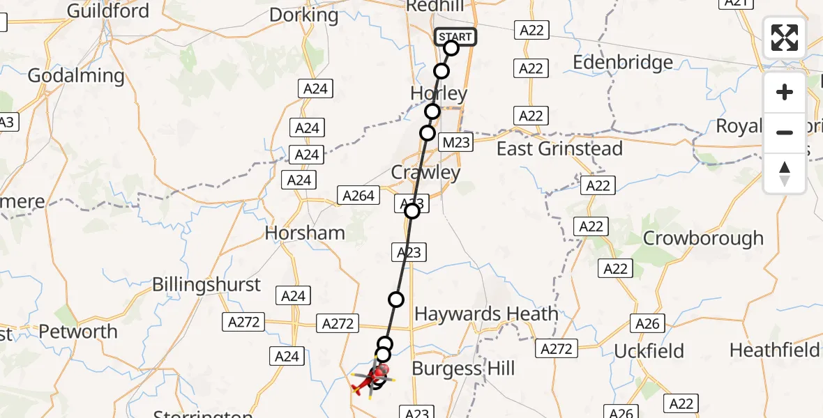 Flight route Air Ambulance Helicopter Redhill Aerodrome - Horsham, 04 August 2026, 10:22