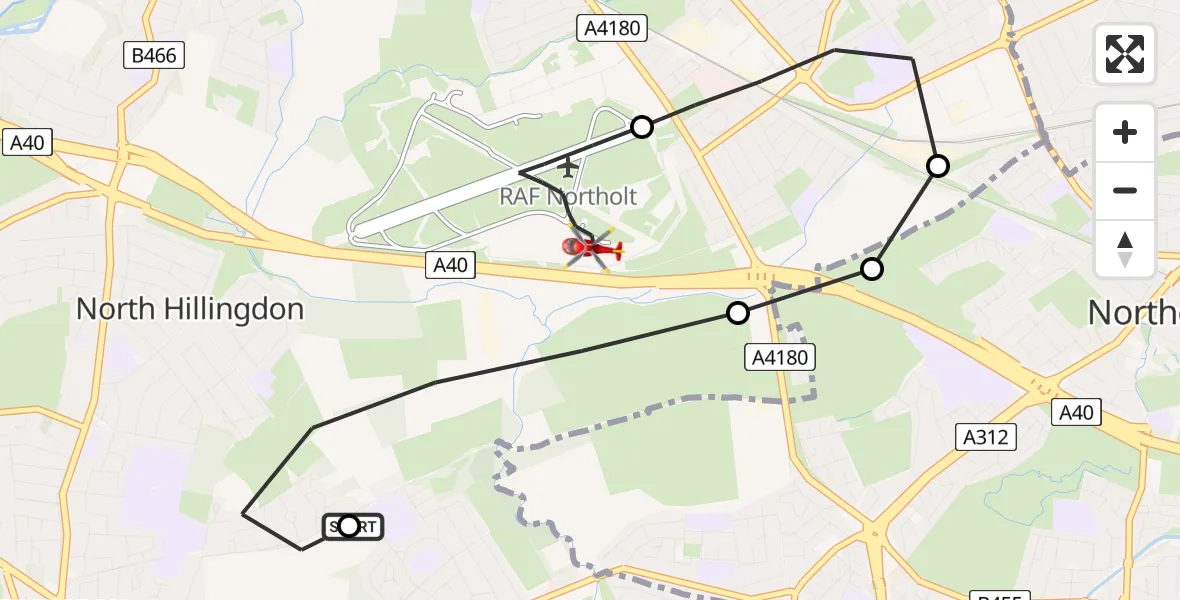 Flight route Air Ambulance Helicopter Hillingdon - RAF Northolt, 04 August 2026, 10:40
