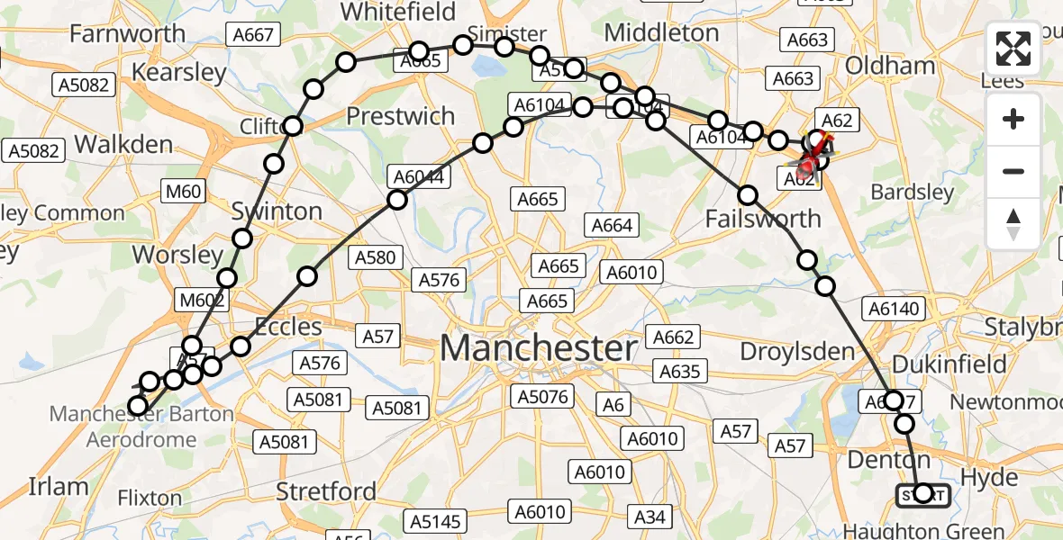 Flight route Air Ambulance Helicopter Haughton Green - Chadderton, 04 August 2026, 10:45