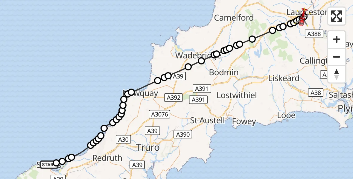 Flight route Air Ambulance Helicopter St. Ives - Launceston, 04 August 2026, 10:48