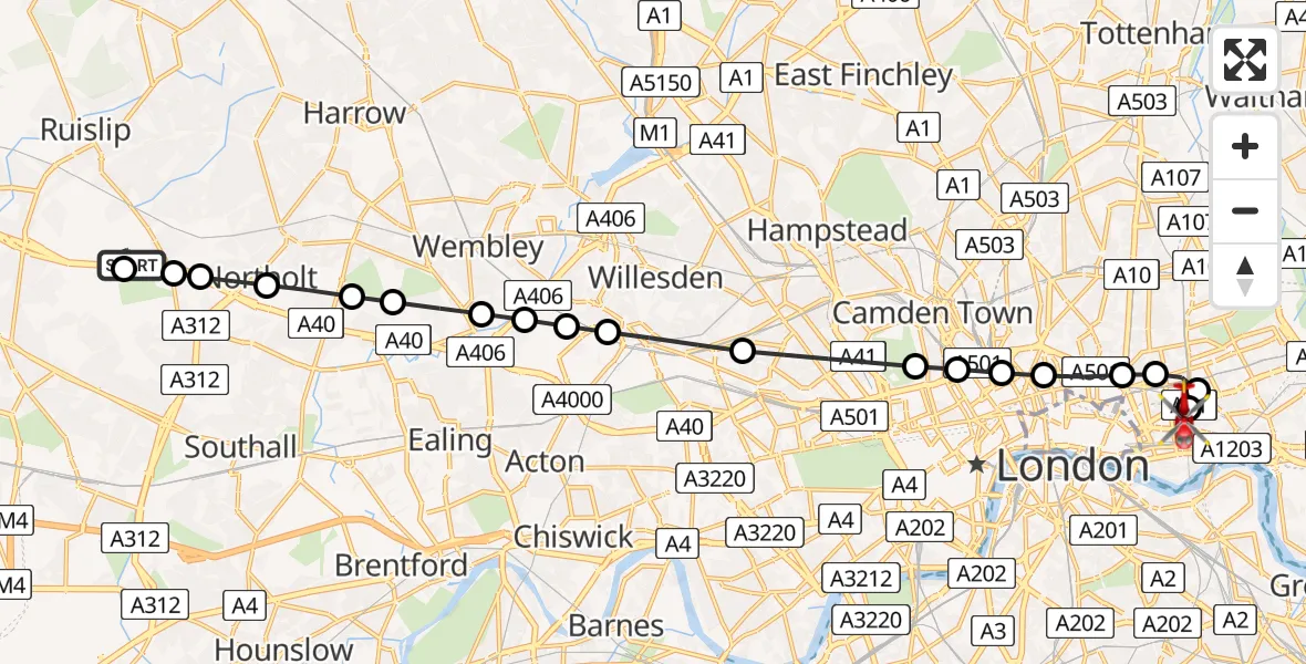 Flight route Air Ambulance Helicopter RAF Northolt - Royal London Hospital, 04 August 2026, 10:59