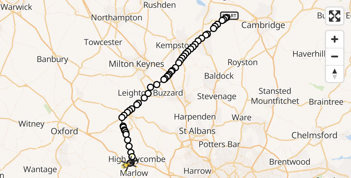 Flight route Police Helicopter Papworth Everard - Wycombe Air Park, 04 August 2026, 11:05