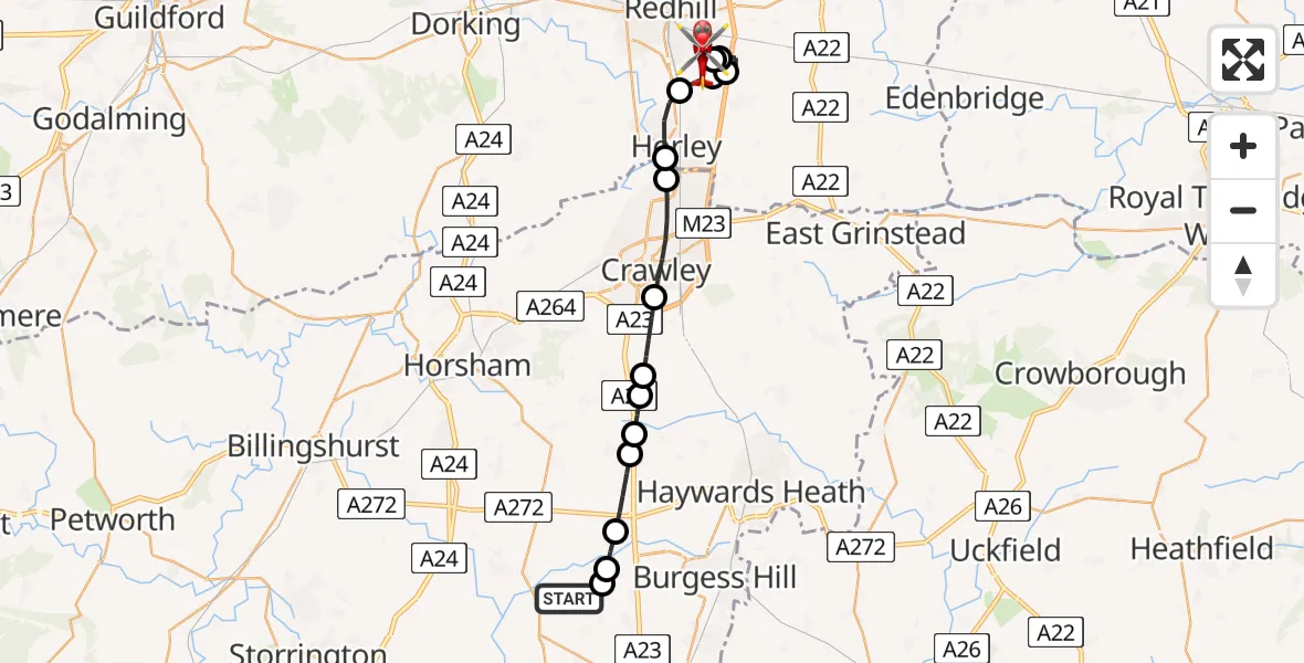 Flight route Air Ambulance Helicopter Horsham - Redhill Aerodrome, 04 August 2026, 11:19