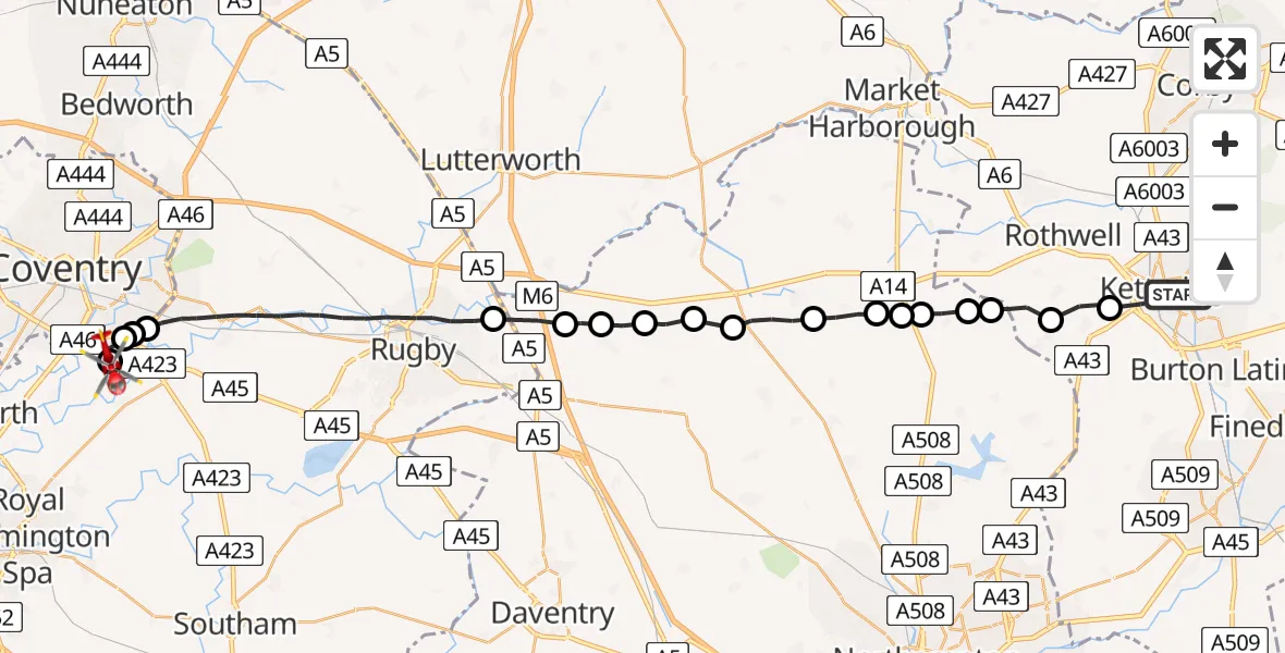 Flight route Air Ambulance Helicopter Kettering - Warwick, 04 August 2026, 11:27