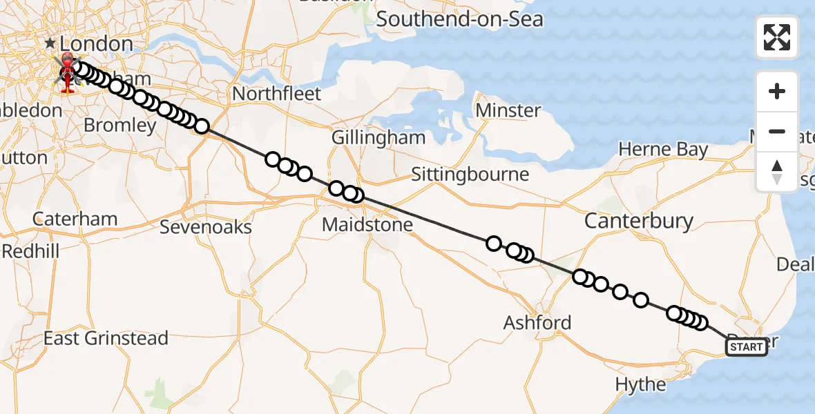 Flight route Air Ambulance Helicopter Dover - Kings College London Hospital, 04 August 2026, 11:33