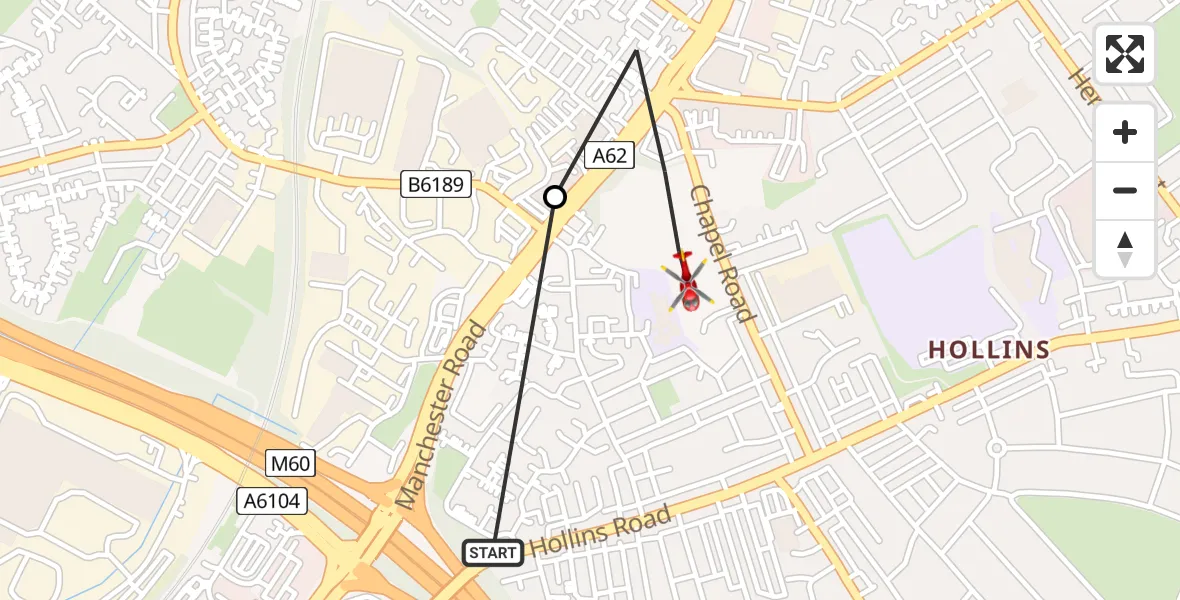 Flight route Air Ambulance Helicopter Failsworth - Chadderton, 04 August 2026, 11:42
