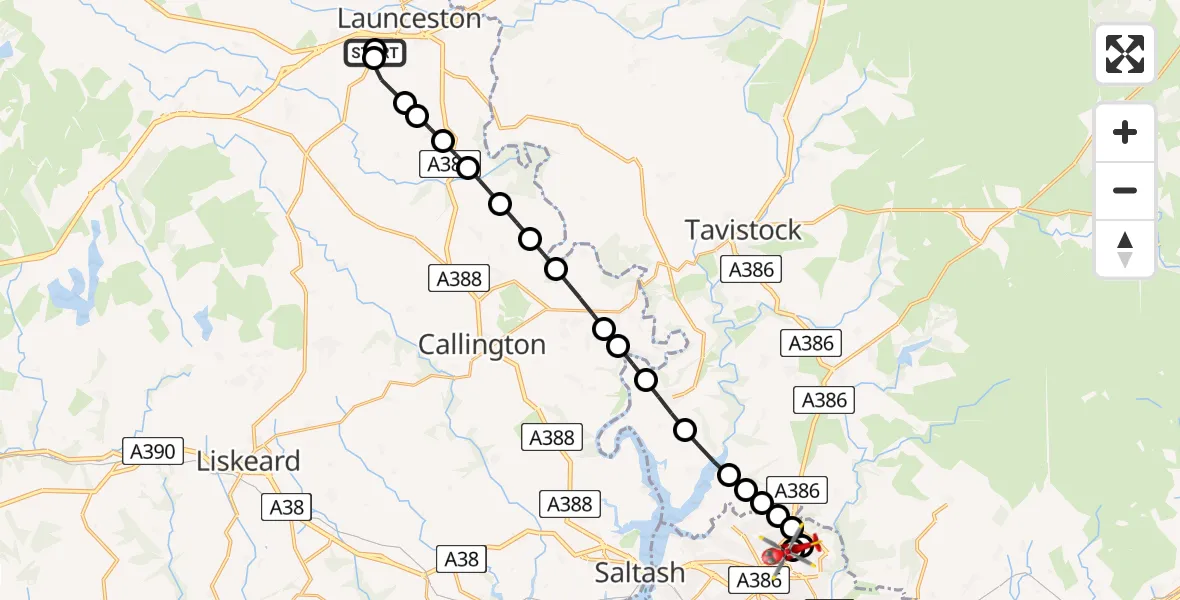 Flight route Air Ambulance Helicopter Daw's House - Derriford Hospital, 04 August 2026, 11:50