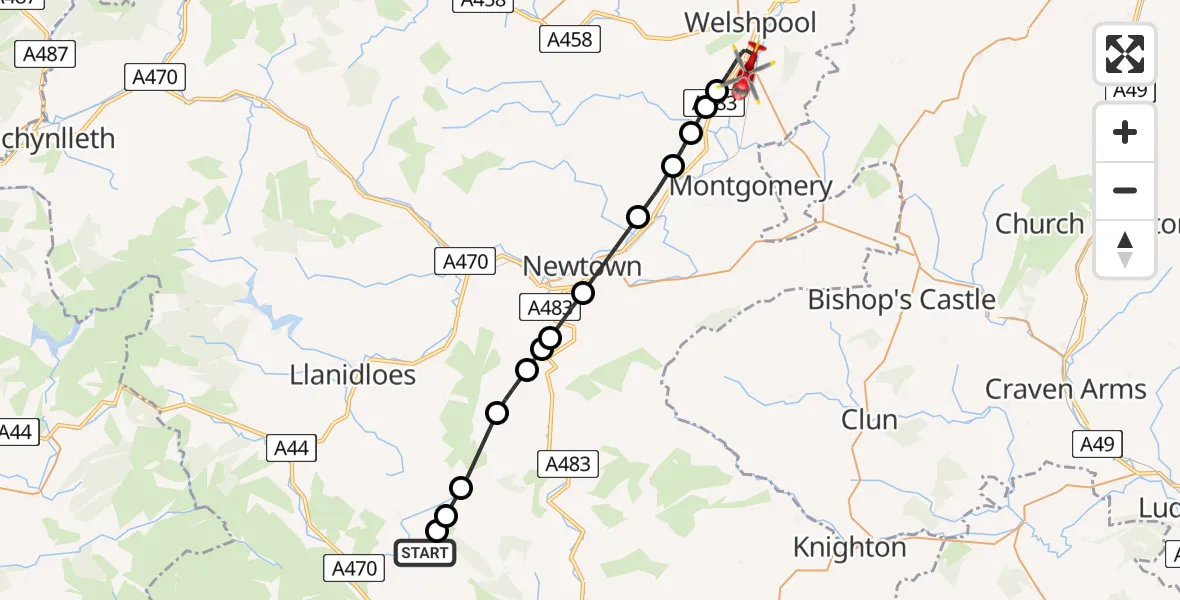Flight route Air Ambulance Helicopter St Harmon - Welshpool Airport, 04 August 2026, 11:51