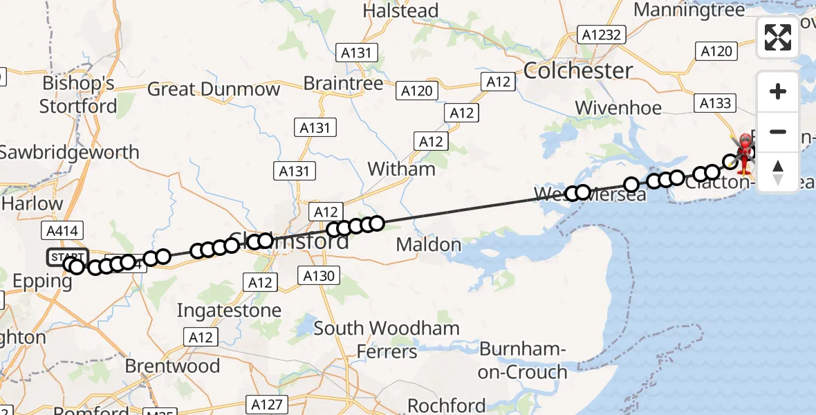 Flight route Air Ambulance Helicopter North Weald Airfield - Clacton-on-Sea, 04 August 2026, 12:11