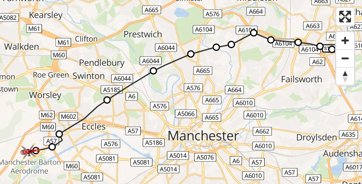 Flight route Air Ambulance Helicopter Chadderton - Manchester Barton Aerodrome, 04 August 2026, 12:24