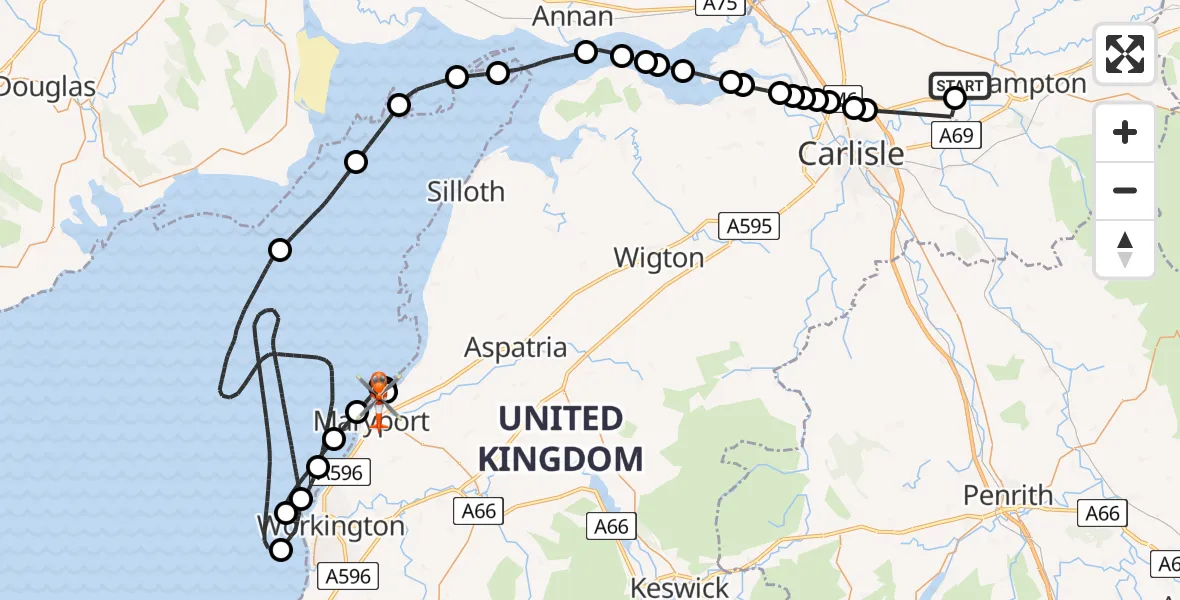 Flight route Coastguard Helicopter Carlisle Lake District Airport - Maryport, 04 August 2026, 12:40
