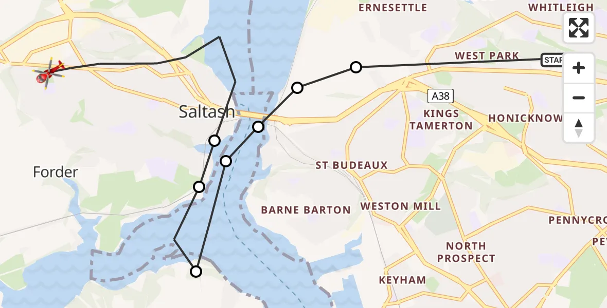 Flight route Air Ambulance Helicopter Whitleigh - Saltash, 04 August 2026, 12:47
