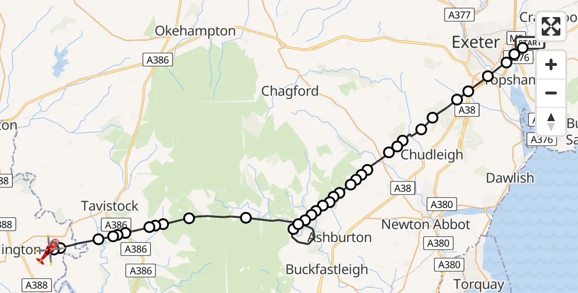 Flight route Air Ambulance Helicopter Clyst Honiton - Metherell, 04 August 2026, 12:50