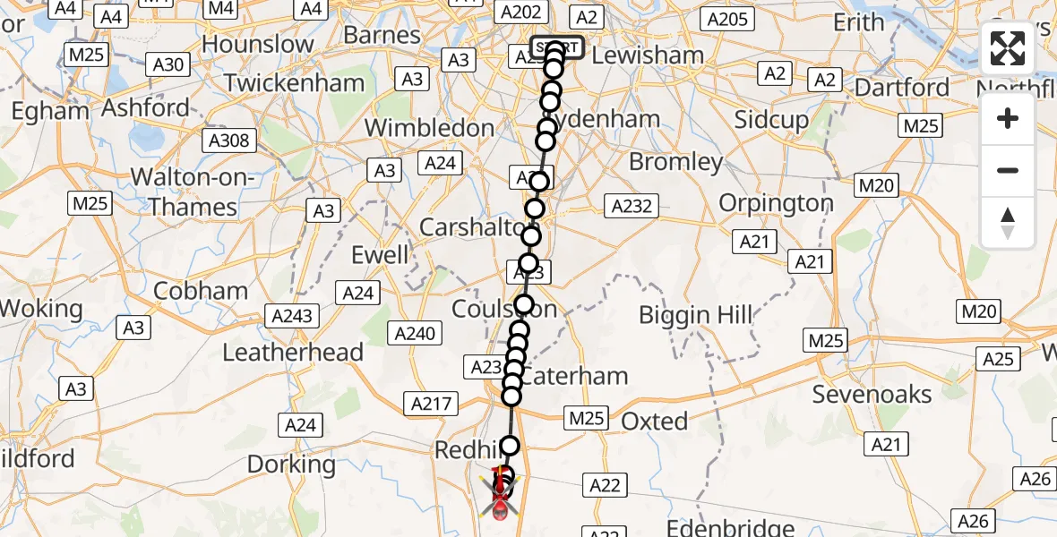 Flight route Air Ambulance Helicopter Kings College London Hospital - Redhill Aerodrome, 04 August 2026, 13:12