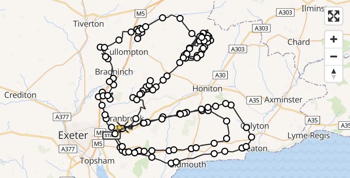 Flight route Police Helicopter Clyst Honiton - Rockbeare, 04 August 2026, 13:50