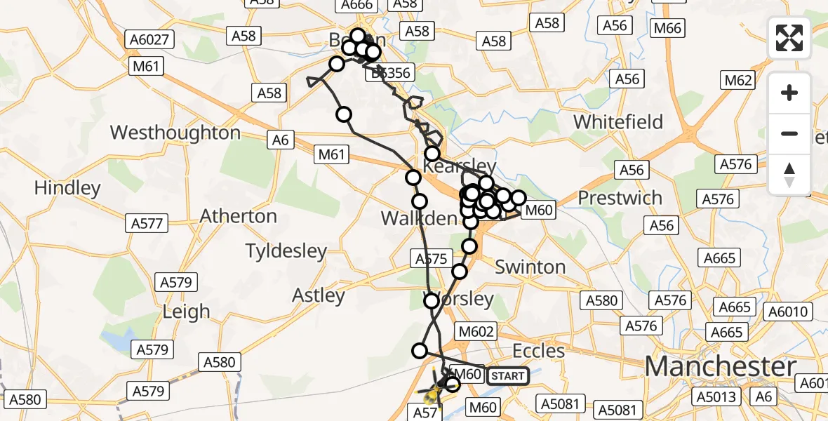 Flight route Police Helicopter Eccles - Manchester Barton Aerodrome, 04 August 2026, 13:55