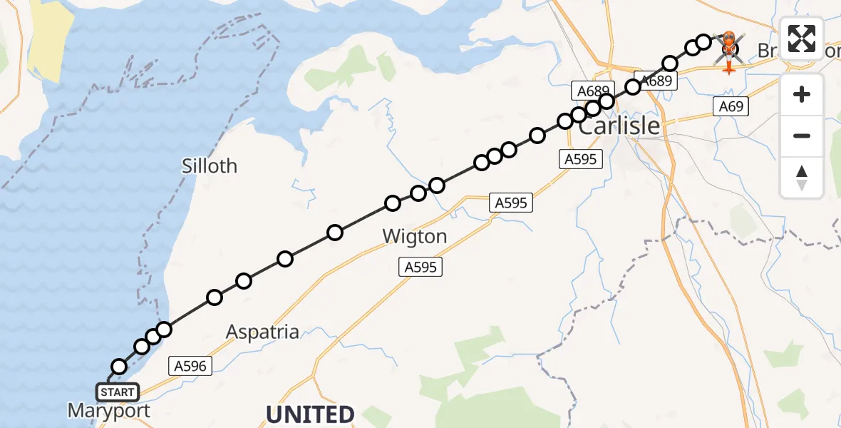 Flight route Coastguard Helicopter Maryport - Carlisle Lake District Airport, 04 August 2026, 13:56