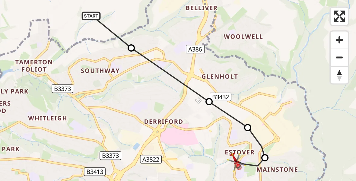 Flight route Air Ambulance Helicopter South Hams - Plympton, 04 August 2026, 13:59