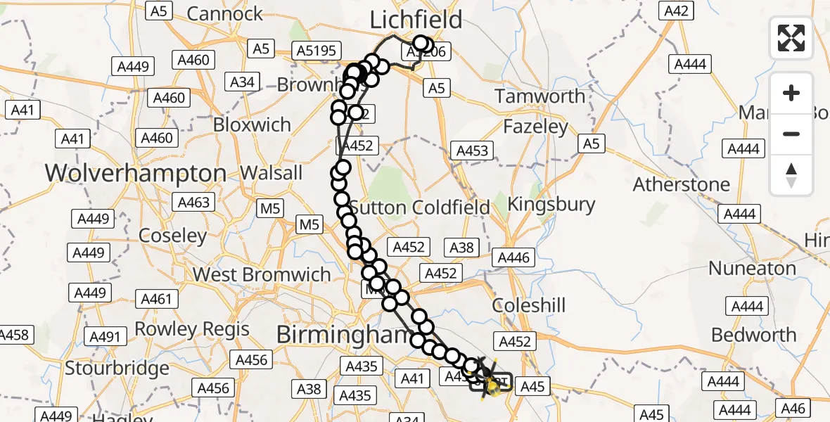 Flight route Police Helicopter Birmingham Airport - Birmingham Airport, 04 August 2026, 14:07