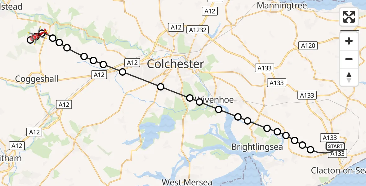 Flight route Air Ambulance Helicopter Clacton-on-Sea - Braintree, 04 August 2026, 14:15
