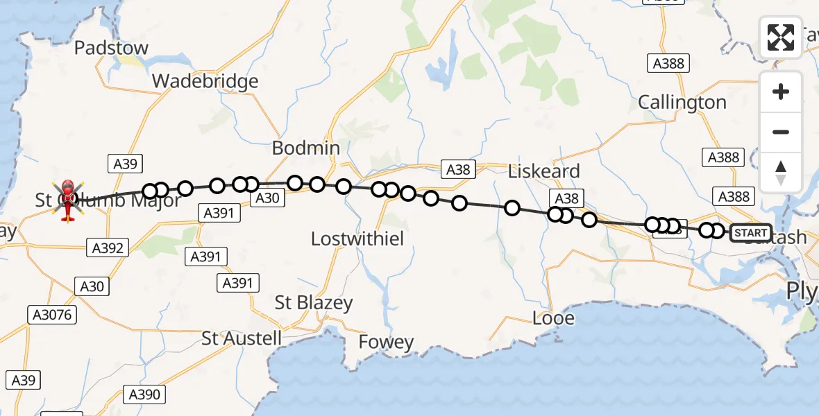 Flight route Air Ambulance Helicopter Saltash - Cornwall Airport Newquay, 04 August 2026, 14:18