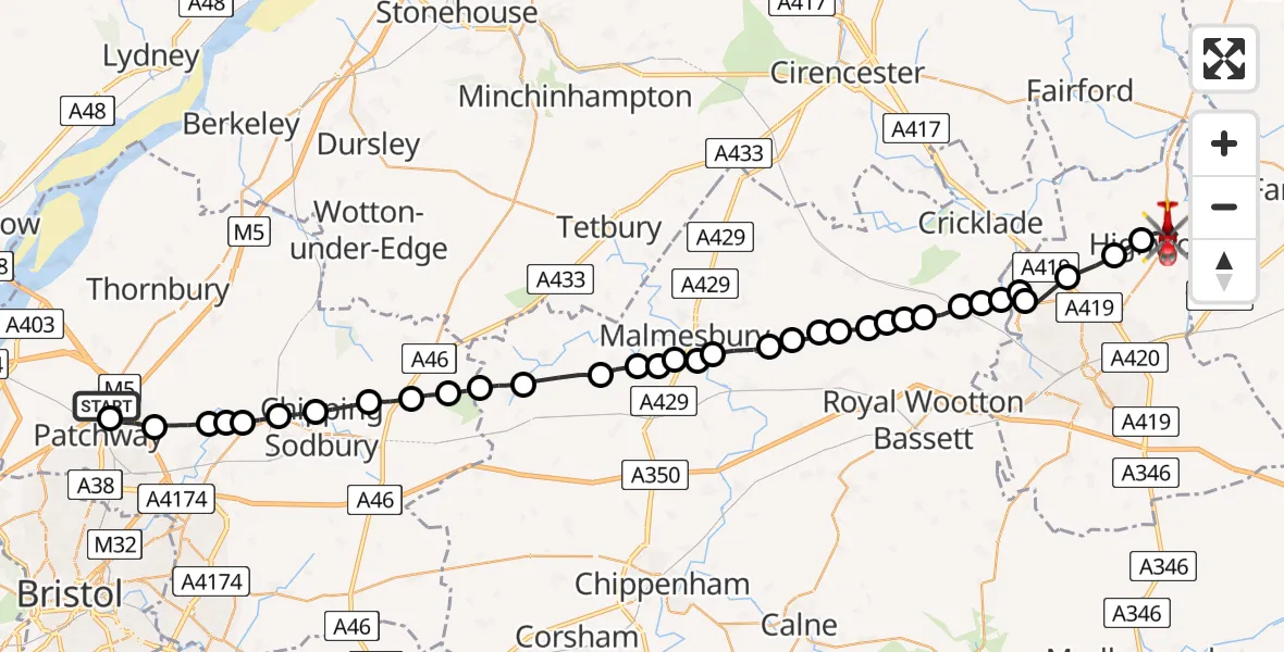Flight route Air Ambulance Helicopter Almondsbury Helicopter Base - Highworth, 04 August 2026, 14:19