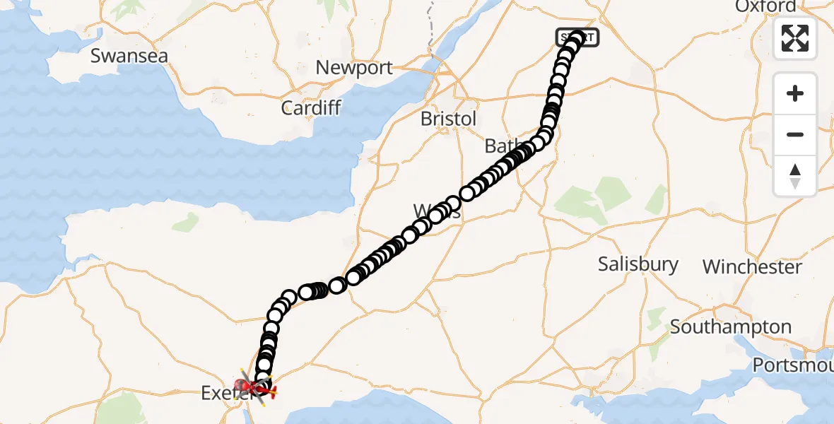 Flight route Air Ambulance Helicopter Cotswold Airport - Exeter International Airport, 04 August 2026, 14:27