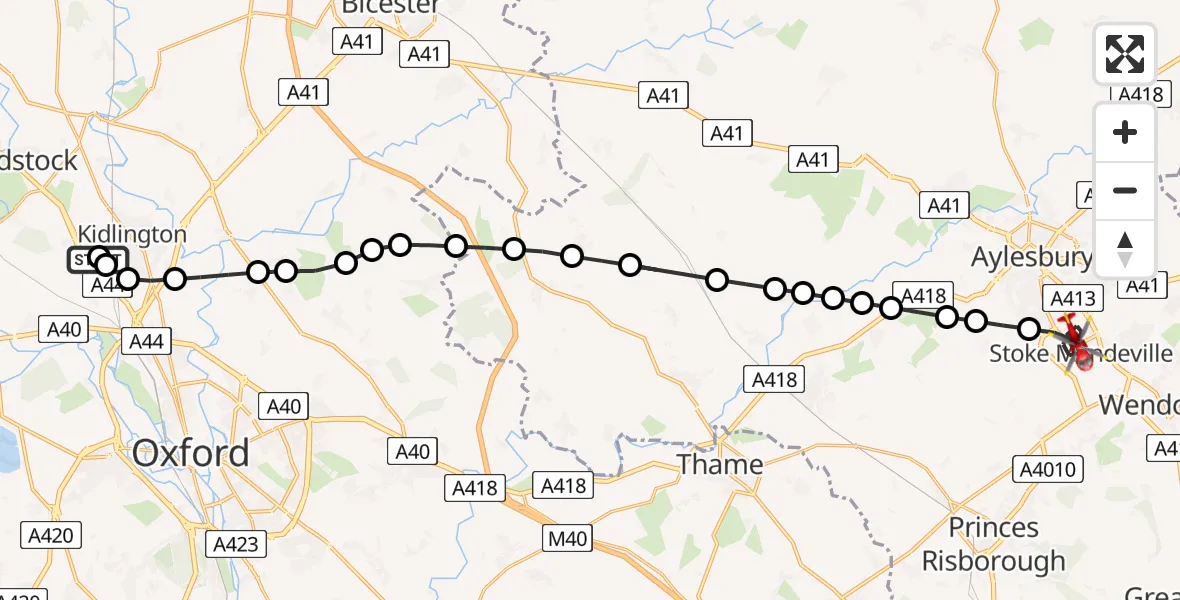 Flight route Air Ambulance Helicopter Yarnton - Stoke Mandeville, 04 August 2026, 14:35