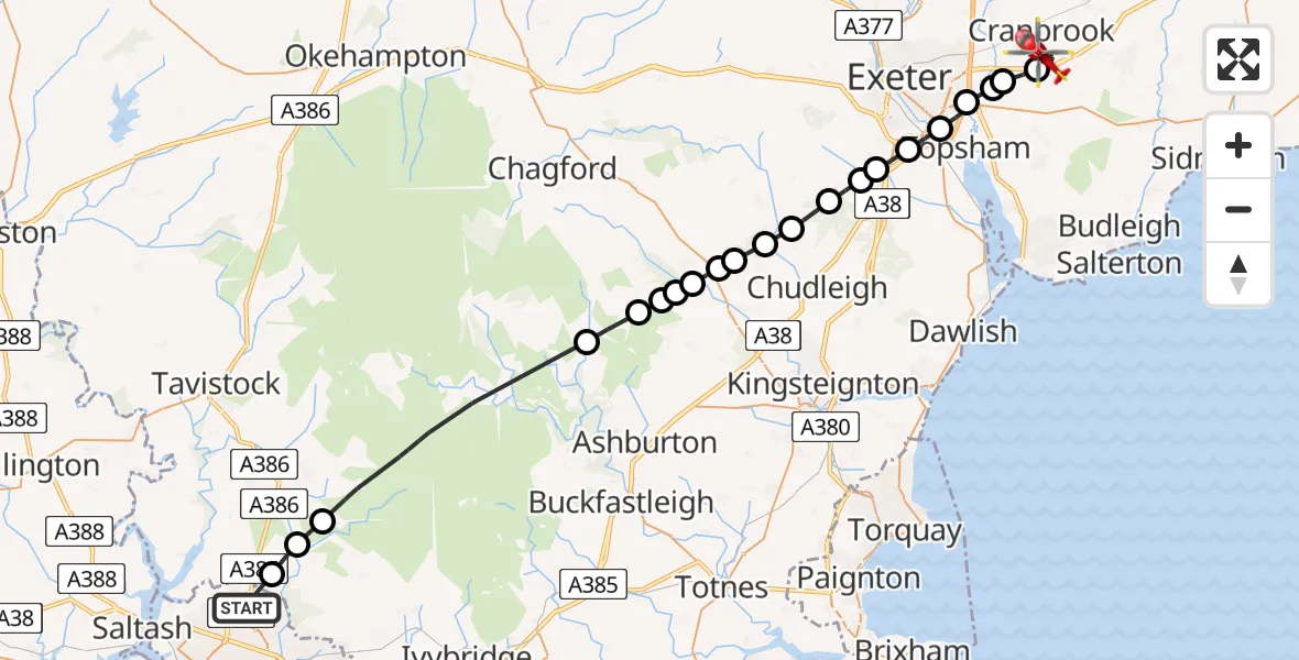 Flight route Air Ambulance Helicopter Derriford - Rockbeare, 04 August 2026, 14:40