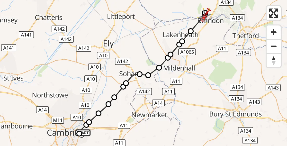 Flight route Air Ambulance Helicopter Cambridge City Airport - Weeting, 04 August 2026, 14:52