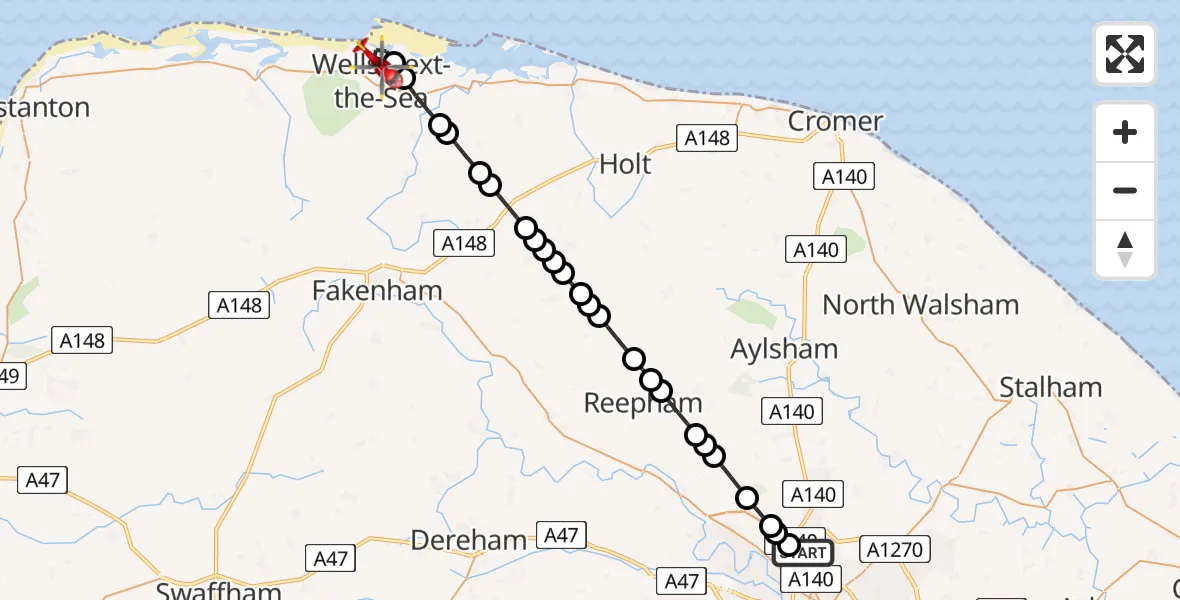 Flight route Air Ambulance Helicopter Norwich Airport - Wells-Next-the-Sea, 04 August 2026, 14:57