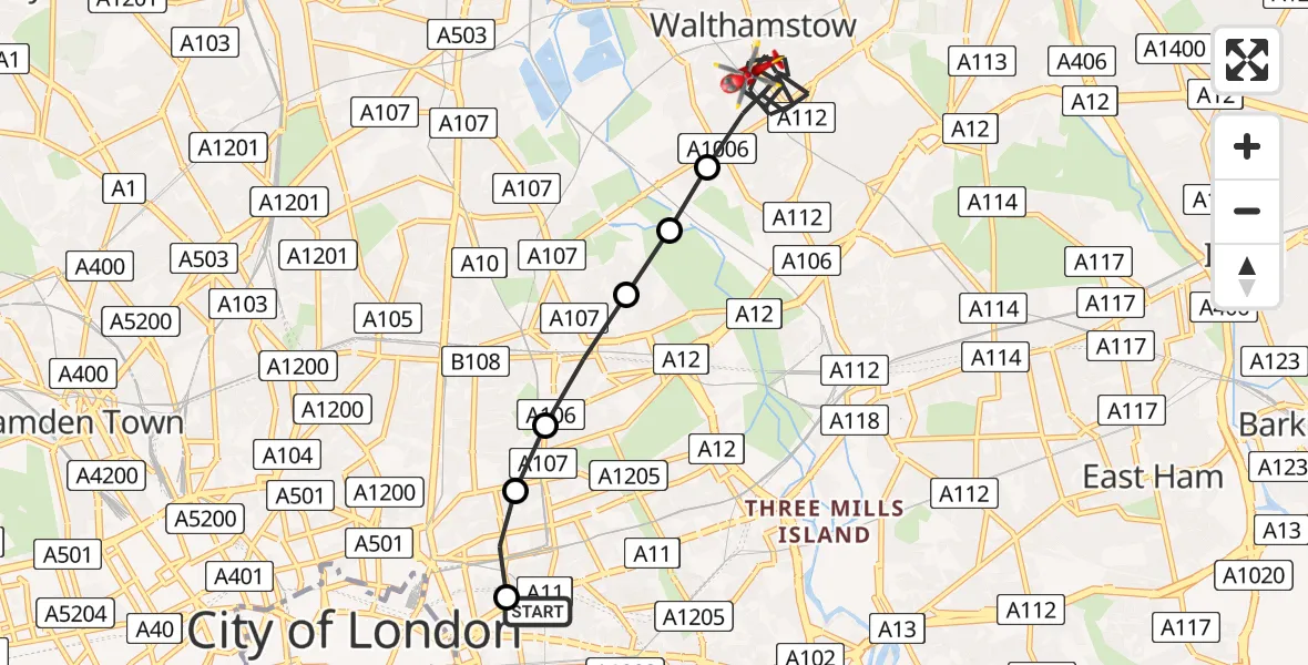 Flight route Air Ambulance Helicopter Royal London Hospital - Leyton, 04 August 2026, 15:03