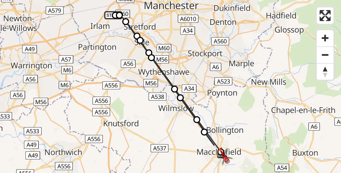 Flight route Air Ambulance Helicopter Manchester Barton Aerodrome - Macclesfield, 04 August 2026, 15:20