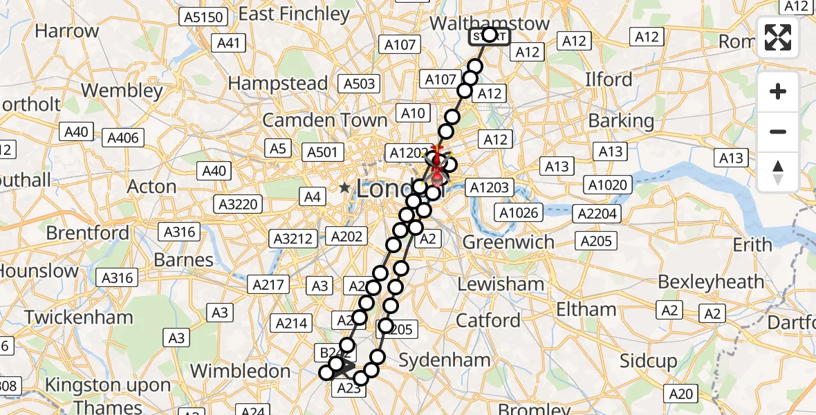 Flight route Air Ambulance Helicopter Leyton - Royal London Hospital, 04 August 2026, 15:23
