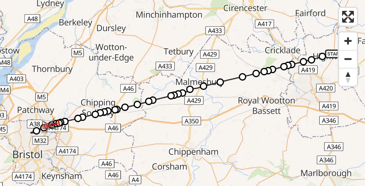 Flight route Air Ambulance Helicopter Highworth - Hambrook, 04 August 2026, 15:24