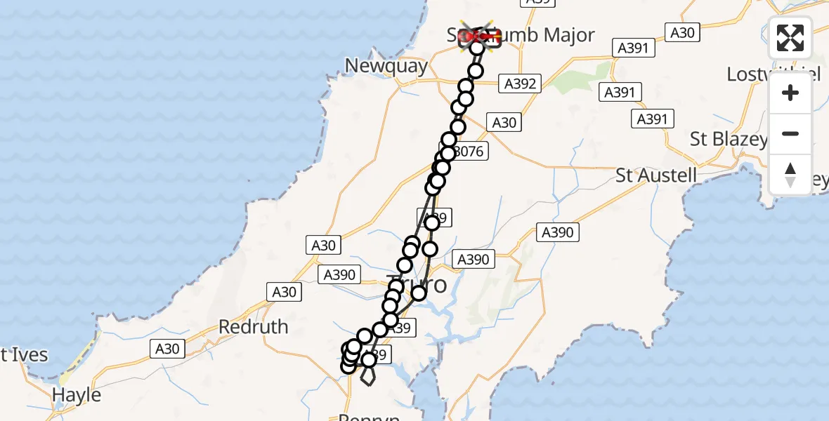 Flight route Air Ambulance Helicopter Cornwall Airport Newquay - Cornwall Airport Newquay, 04 August 2026, 15:31