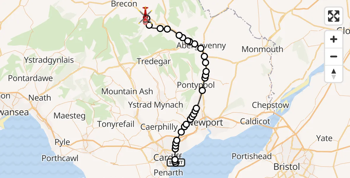 Flight route Air Ambulance Helicopter Cardiff Heliport - Pennorth, 04 August 2026, 15:42
