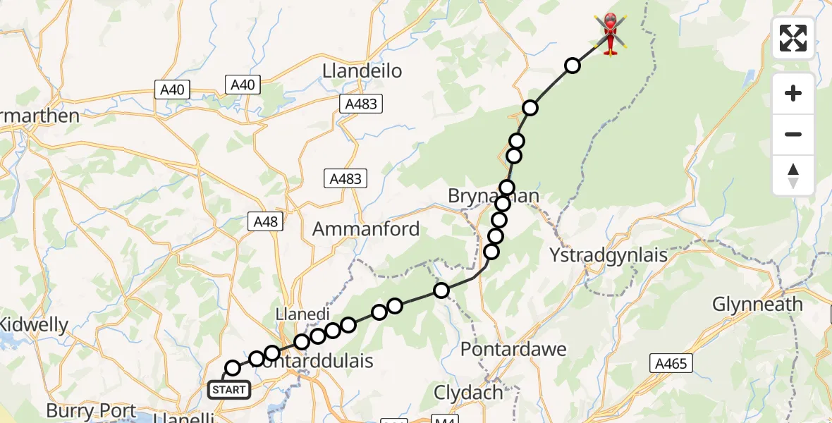 Flight route Air Ambulance Helicopter Dafen - Llanddeusant, 04 August 2026, 15:44