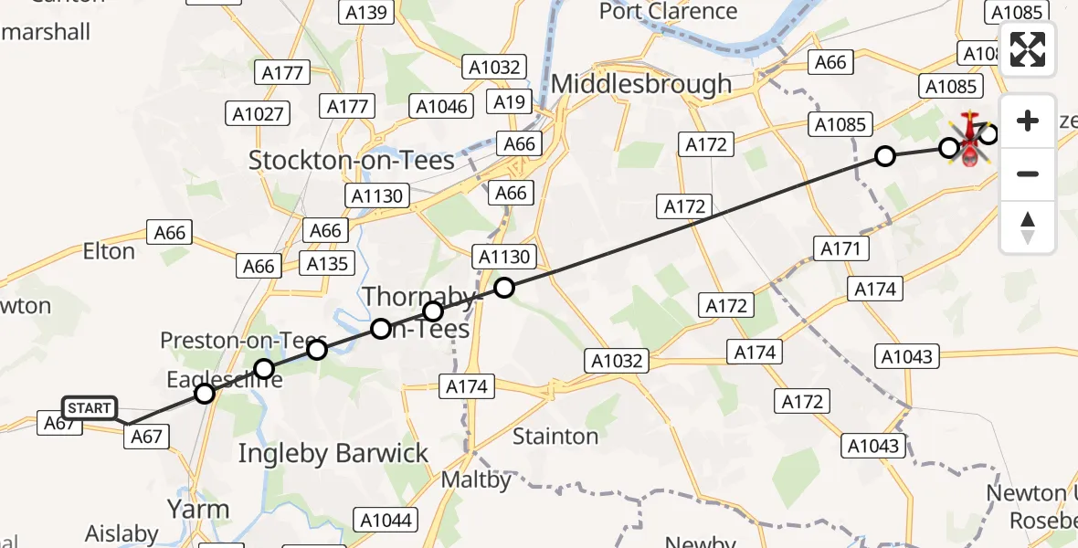 Flight route Air Ambulance Helicopter Egglescliffe - Lazenby, 04 August 2026, 15:47