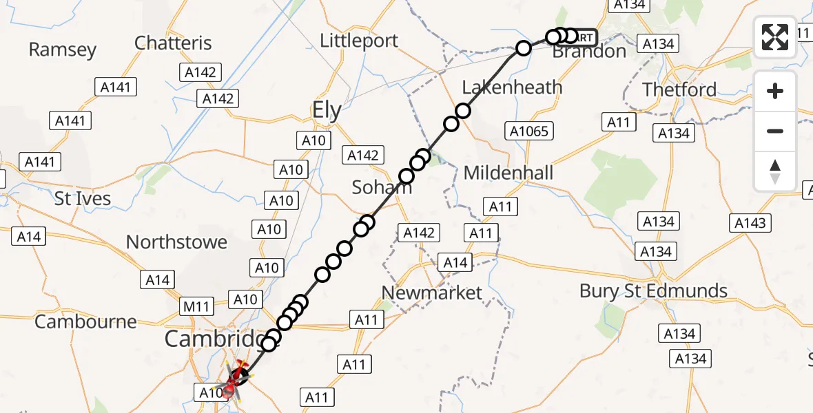 Flight route Air Ambulance Helicopter Weeting - Papworth Hospital, 04 August 2026, 15:57