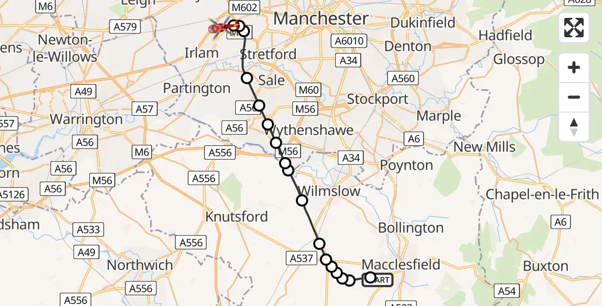 Flight route Air Ambulance Helicopter Henbury - Manchester Barton Aerodrome, 04 August 2026, 16:06